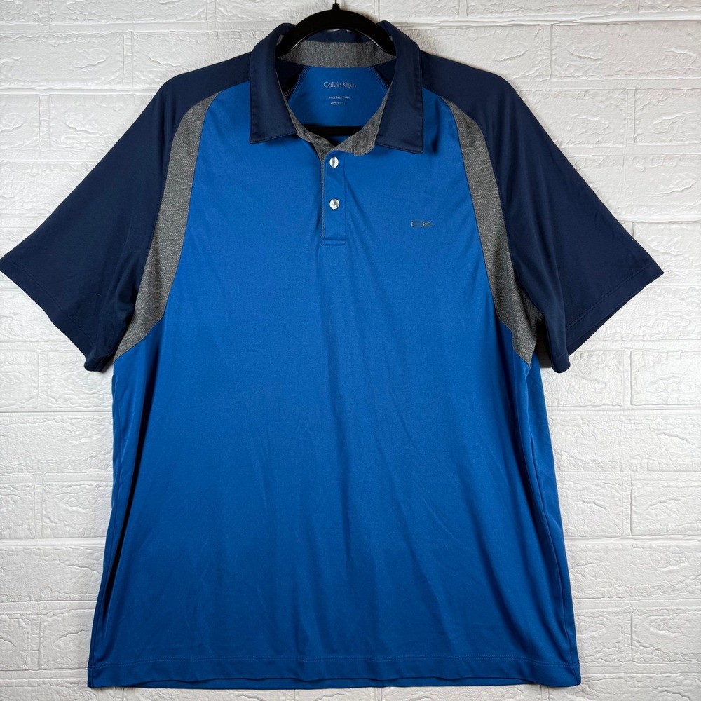 Calvin Klein Polo Shirt Mens Large Blue Colorblock Performance Golf Regular Fit